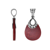 Sterling Silver Pendant With Teardrop Shape Red Coral Stone And Dot Pattern Design
